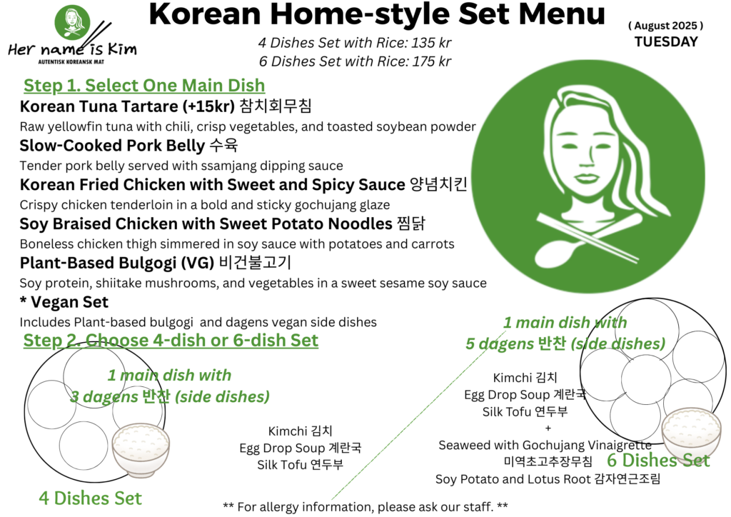 Tisdag lunchmeny – koreansk restaurang Her Name is Kim i Stockholm med banchan och huvudrätt